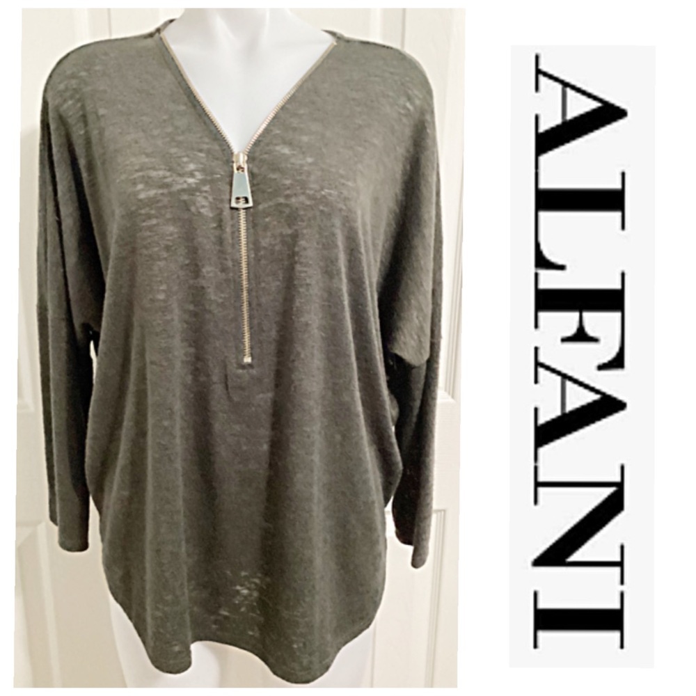 NWOT ALFANI, Semi Sheer Olive Top With Long Gold Zipper, Tapered Sleeve Cuffs.